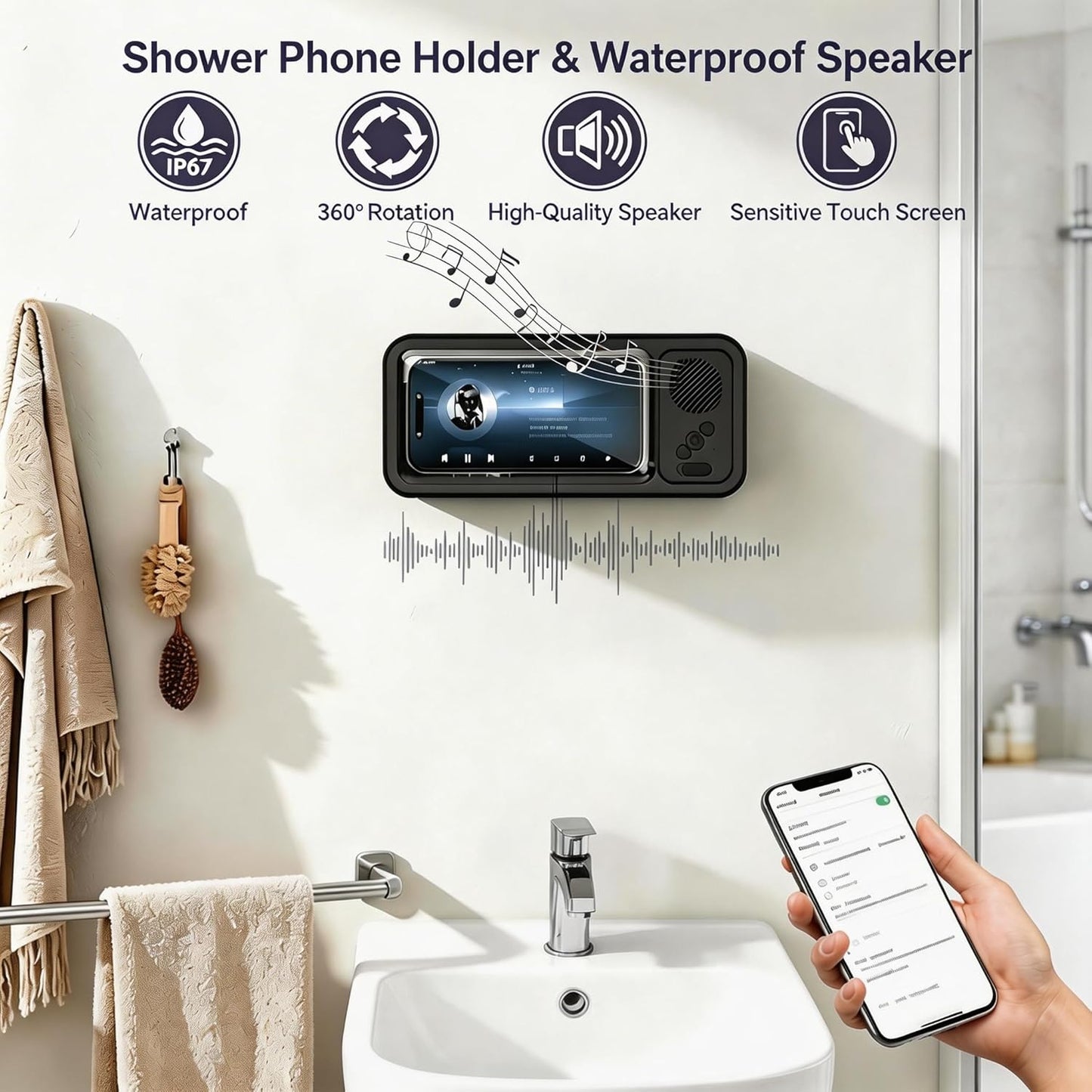 Experience Ultimate Shower Relaxation with Our Waterproof Phone Holder & Bluetooth Speaker - 360° Rotatable Design for Endless Entertainment!