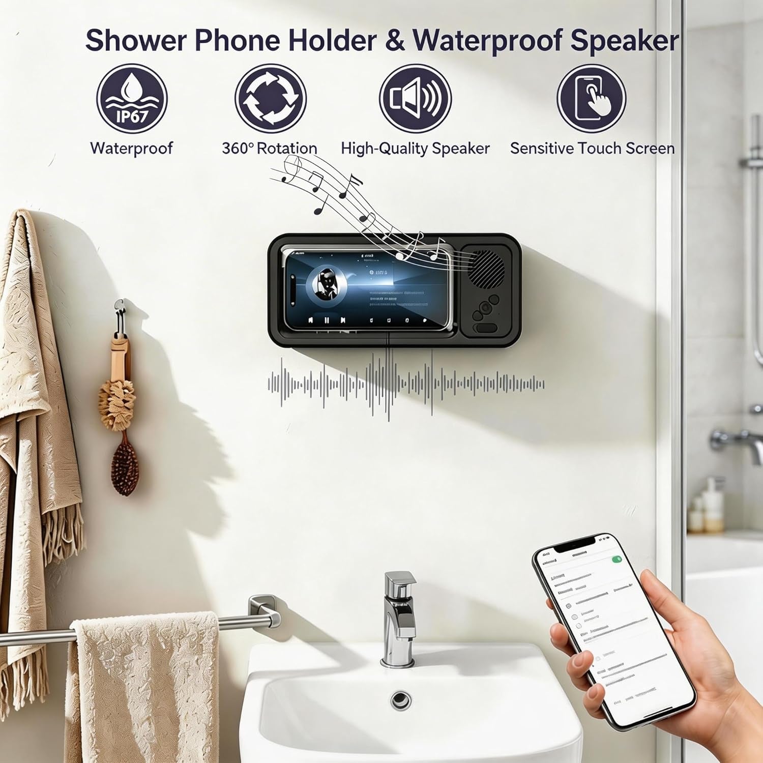 Experience Ultimate Shower Relaxation with Our Waterproof Phone Holder & Bluetooth Speaker - 360° Rotatable Design for Endless Entertainment!