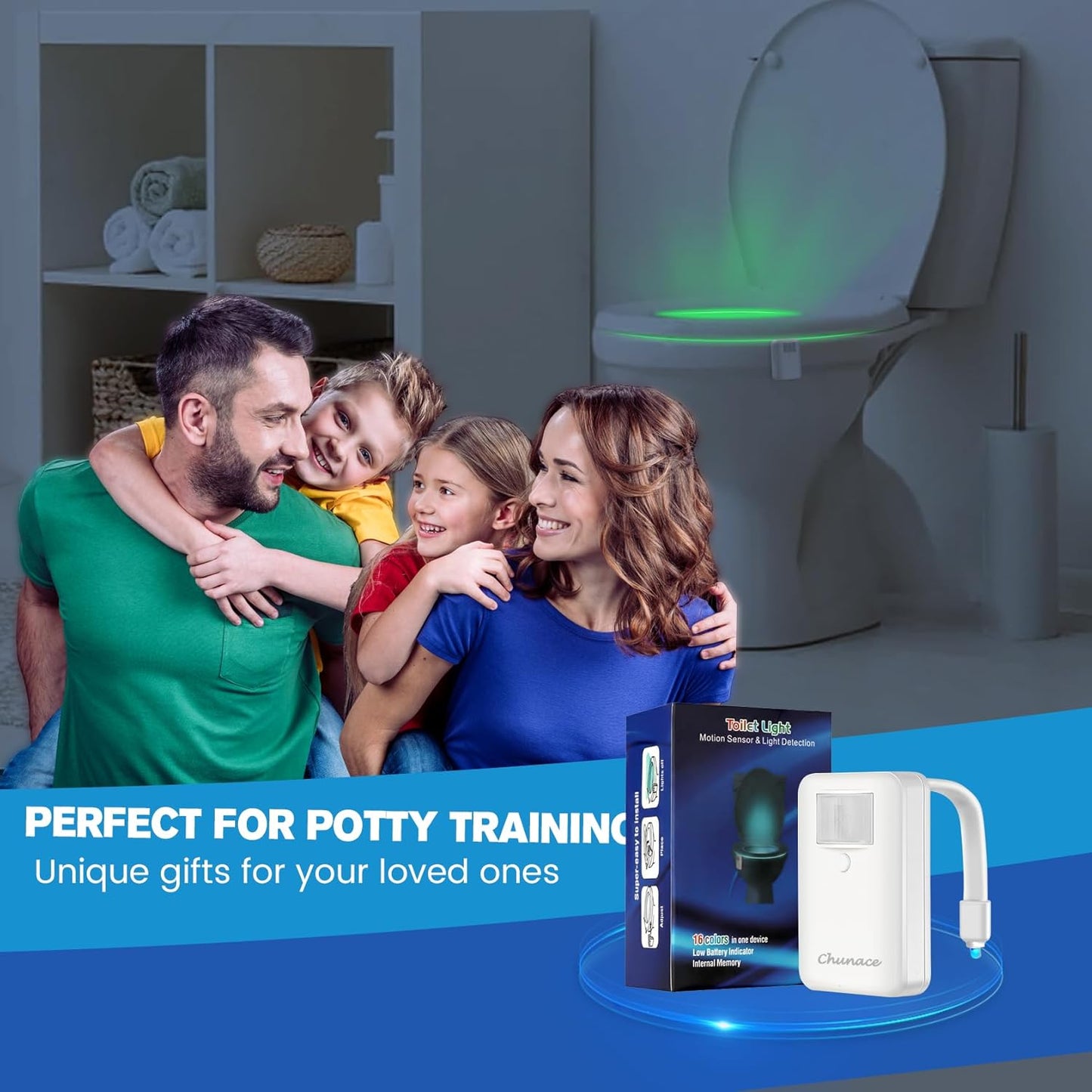 Transform Your Bathroom Experience with the Chunace Motion Sensor Toilet Light 2-Pack | 16-Color LED Night Light for Safe and Fun Nighttime Visits
